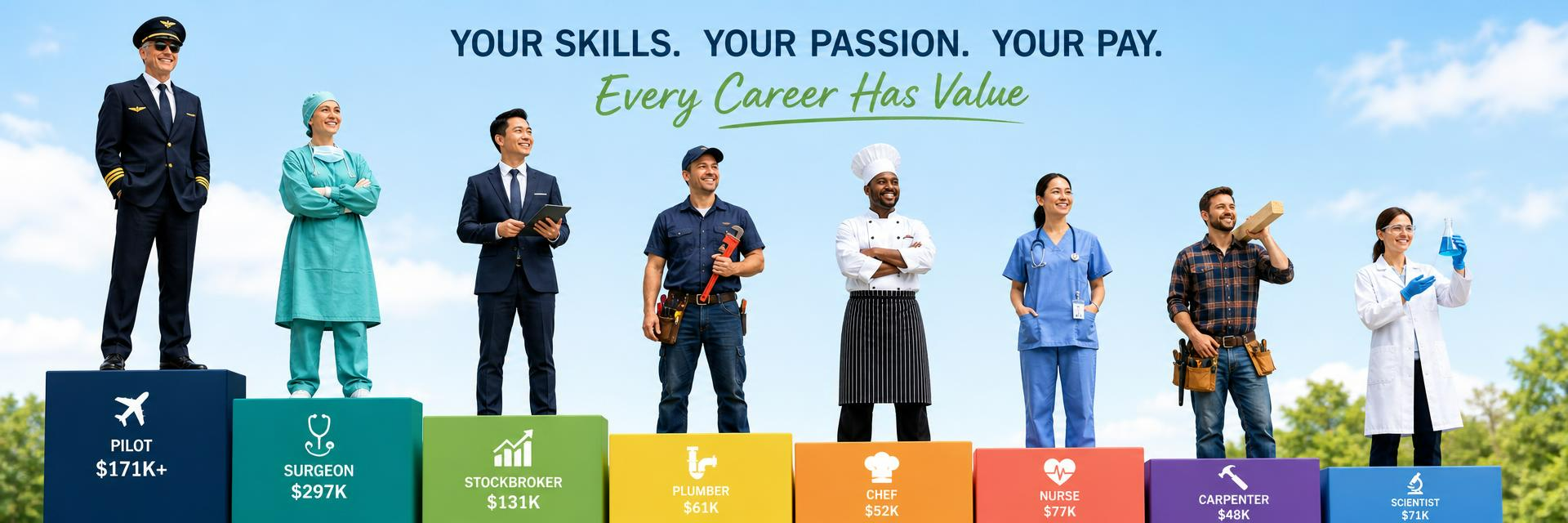 Banner showing eight professionals standing on colourful salary blocks — Pilot, Surgeon, Stockbroker, Plumber, Chef, Nurse, Carpenter and Scientist — beneath the headline Your Skills. Your Passion. Your Pay. Every Career Has Value. Images and Photos created by www.High-Salary-Jobs.com — The Website that Shows you real Work Incomes in Relation to Roles and Education