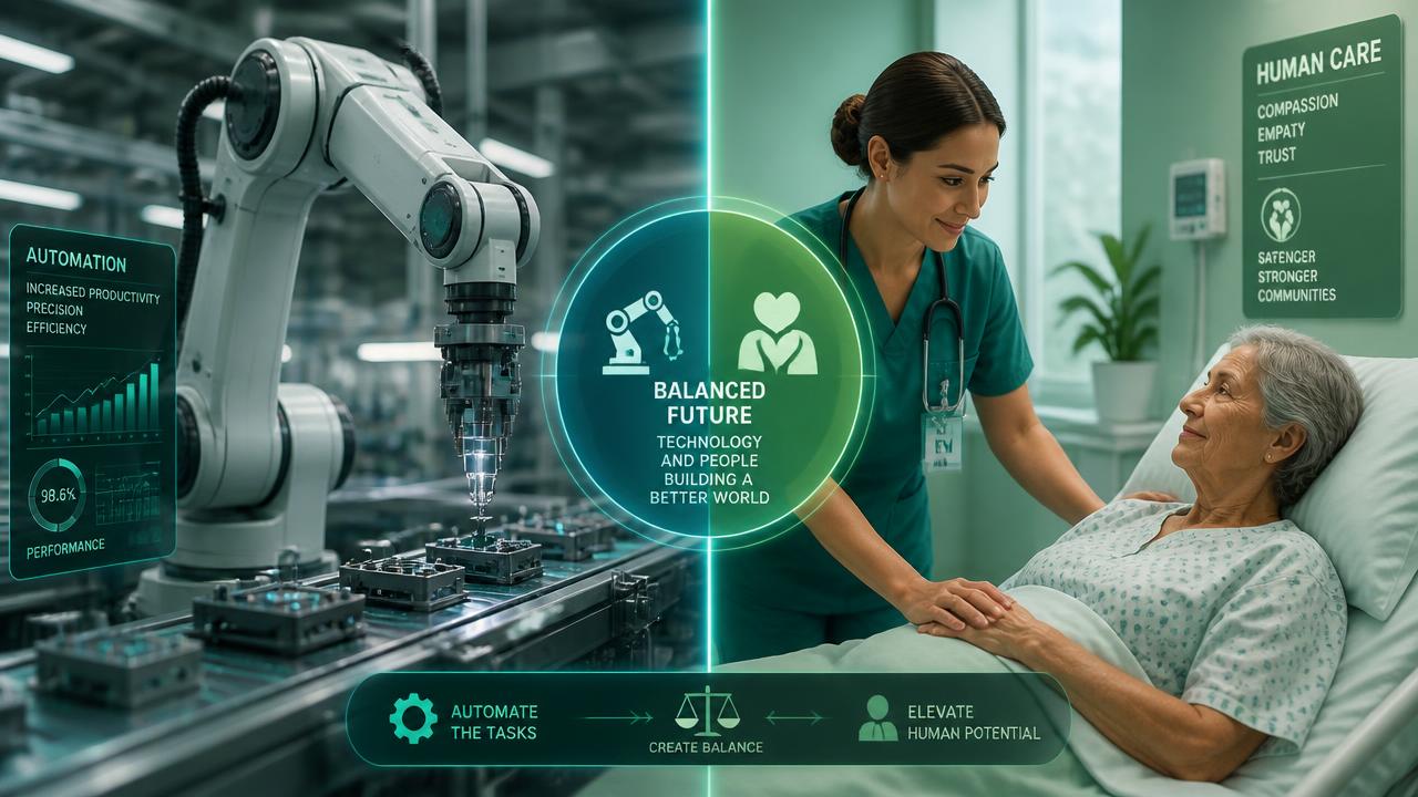 Featured image for the article "Which Jobs Are Being Automated — And Which Are Safe". Automation eats predictable work. Physical unpredictability and human trust remain expensive. Images and Photos created by www.High-Salary-Jobs.com — The Website that Shows you real Work Incomes in Relation to Roles and Education