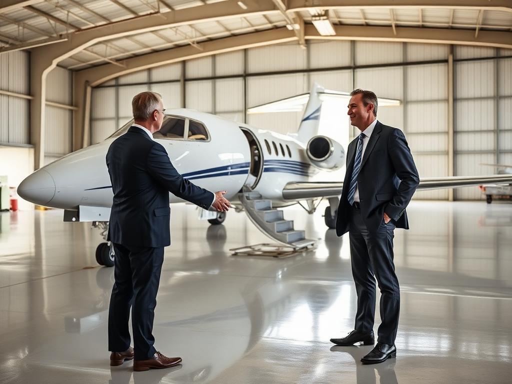 Aircraft broker shaking hands with a client in front of a private jet in a hangar