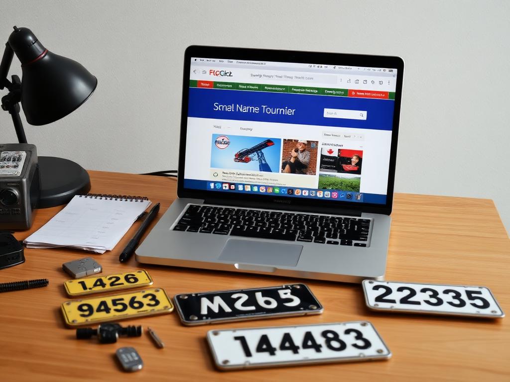 Desk with a laptop showing a domain marketplace beside rare private registration plates