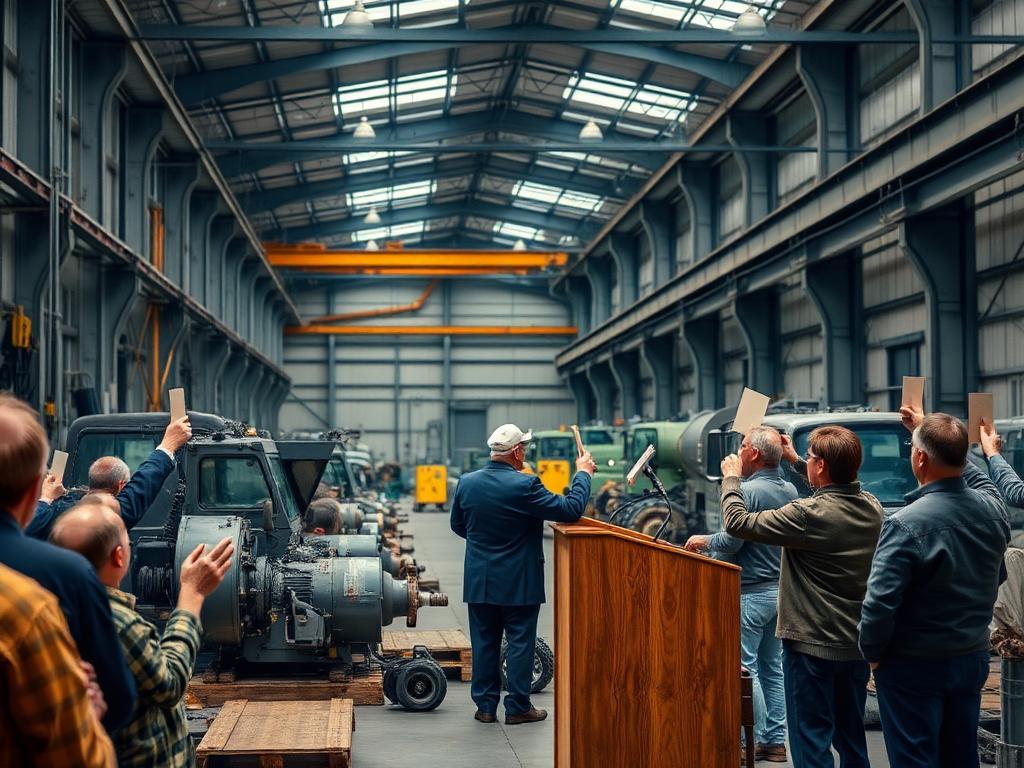 Auctioneer at a podium taking bids on machinery lots inside an industrial hall