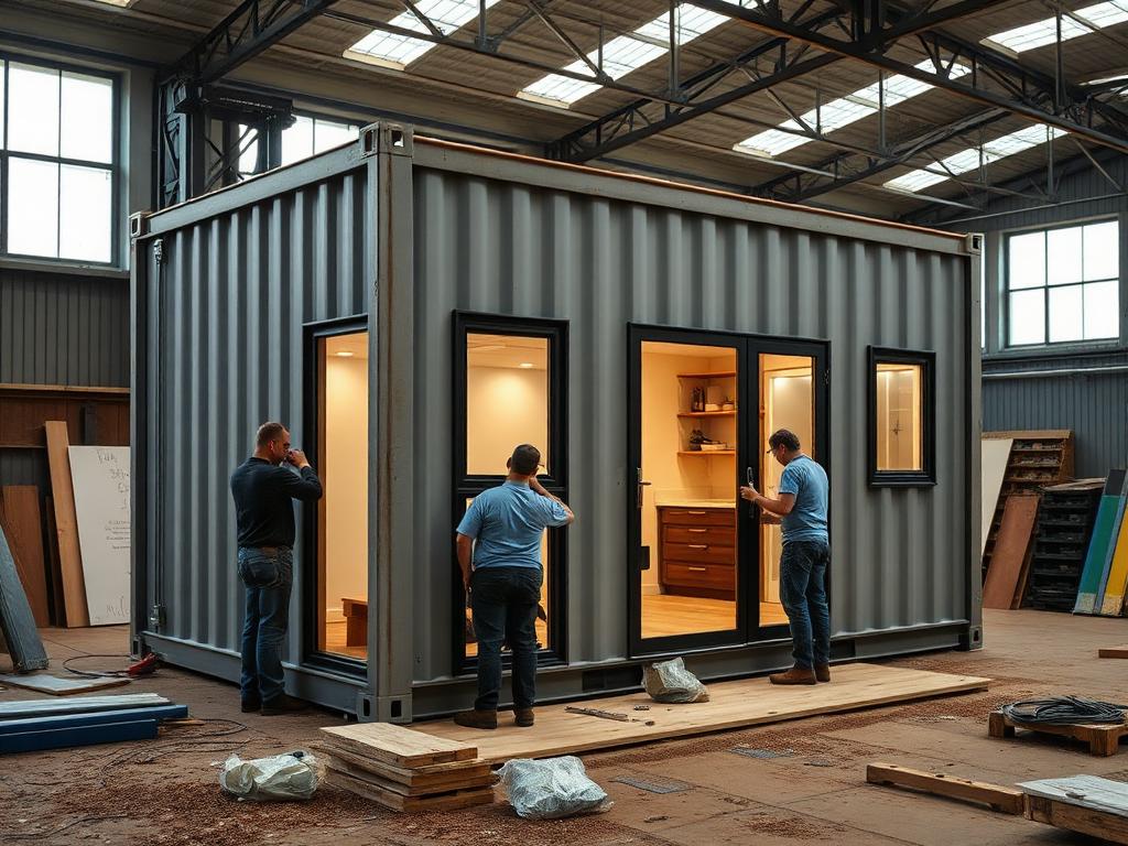 Workers converting a shipping container into a fitted office cabin in a workshop
