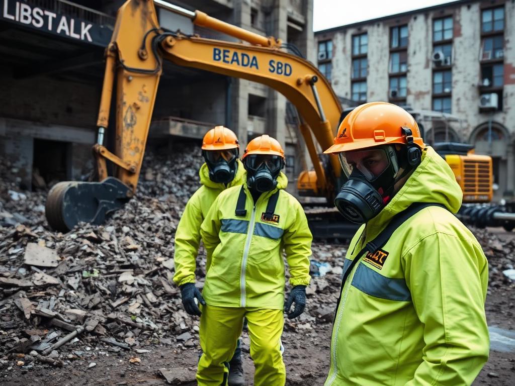 Demolition crew in protective suits and respirators working an asbestos removal site