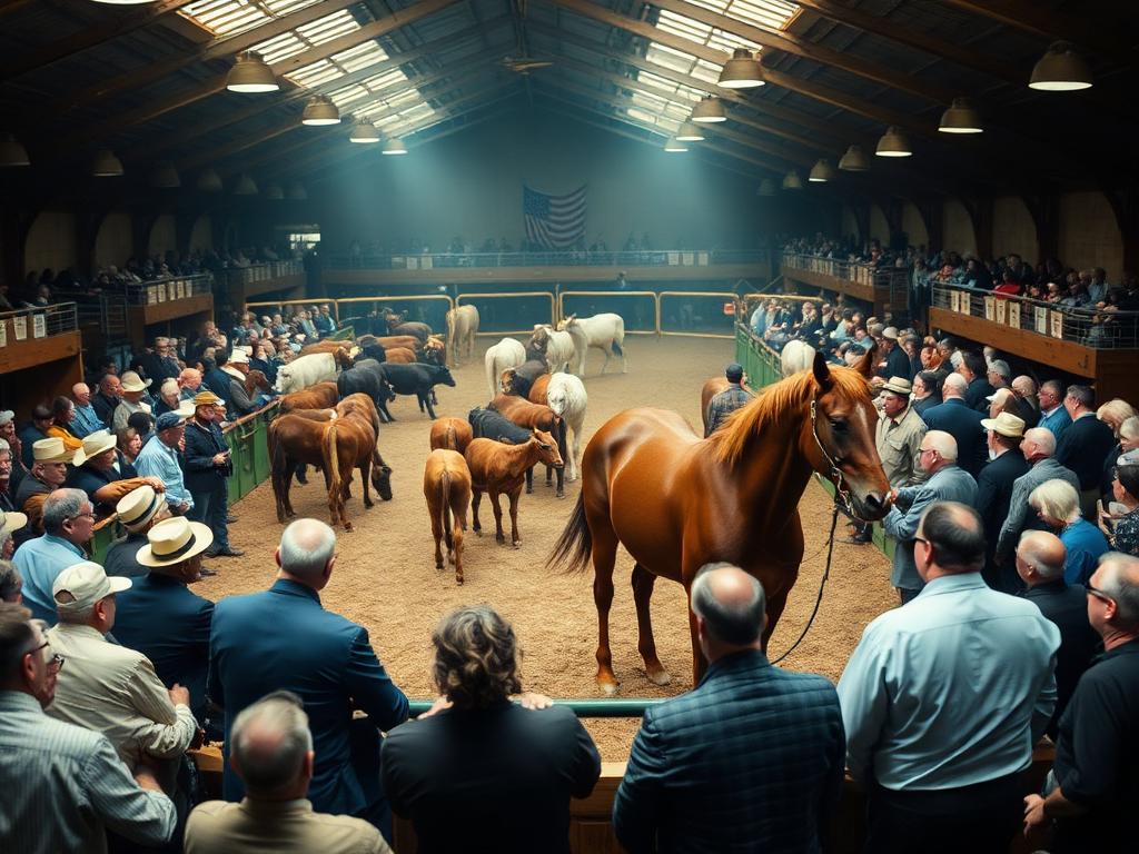 Livestock auction ring with cattle and a thoroughbred horse surrounded by buyers