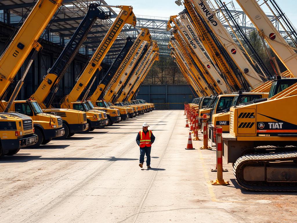 Rows of mobile cranes and excavators parked in a plant hire yard