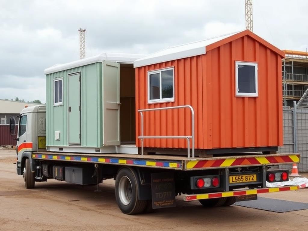 Flatbed truck delivering portable site welfare cabins to a construction site