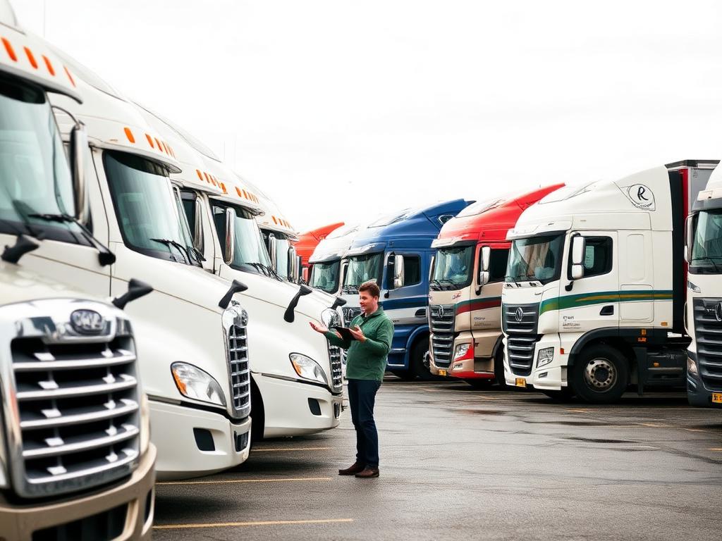 Truck salesperson with a tablet walking a lot lined with new semi trucks