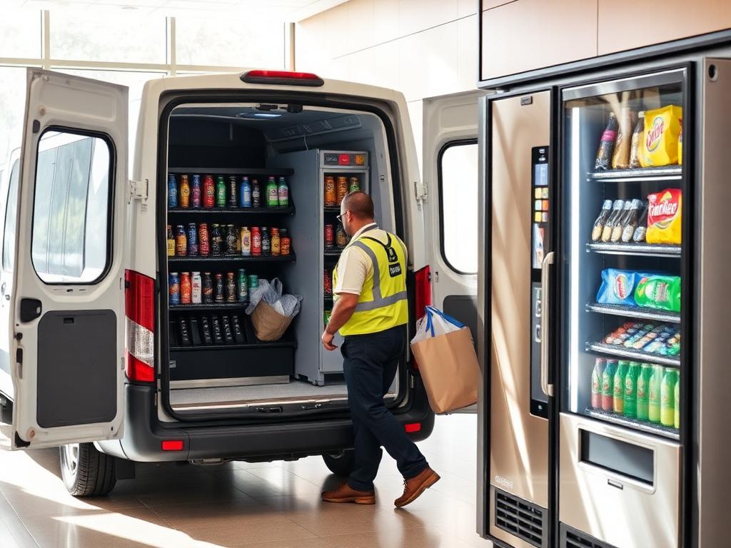 Vending route operator restocking machines from a loaded van in an office lobby