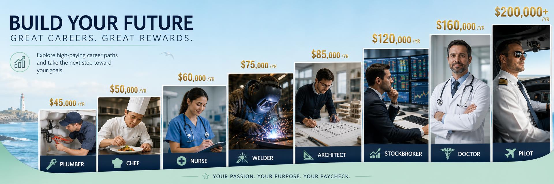 Profession montage number 2 combining pilots, doctors, stockbrokers, plumbers, chefs and engineers with salary figures showing the variation in pay from one profession to the next. Images and Photos created by www.High-Salary-Jobs.com — The Website that Shows you real Work Incomes in Relation to Roles and Education