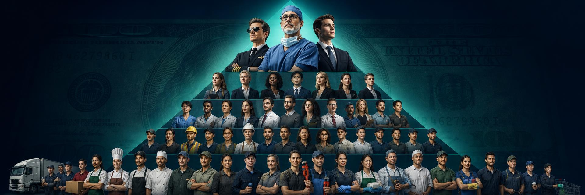 Profession montage number 3 combining pilots, doctors, stockbrokers, plumbers, chefs and engineers with salary figures showing the variation in pay from one profession to the next. Images and Photos created by www.High-Salary-Jobs.com — The Website that Shows you real Work Incomes in Relation to Roles and Education