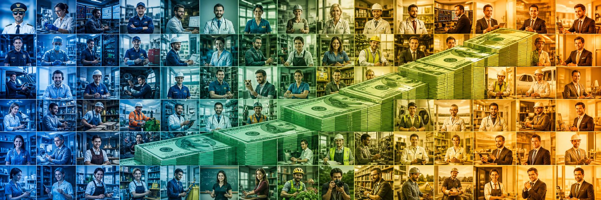 Profession montage number 7 combining pilots, doctors, stockbrokers, plumbers, chefs and engineers with salary figures showing the variation in pay from one profession to the next. Images and Photos created by www.High-Salary-Jobs.com — The Website that Shows you real Work Incomes in Relation to Roles and Education