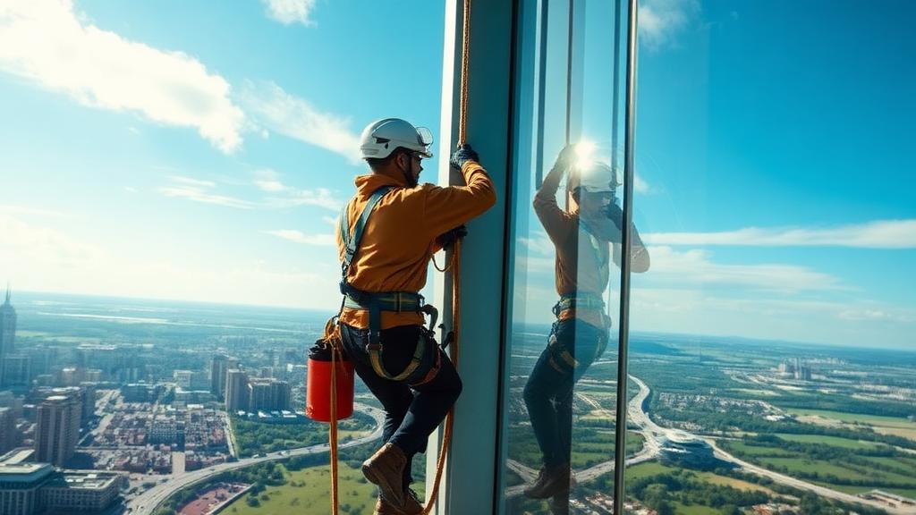 Commercial Window Cleaner at work — Images and Photos created by www.High-Salary-Jobs.com — The Website that Shows you real Work Incomes in Relation to Roles and Education
