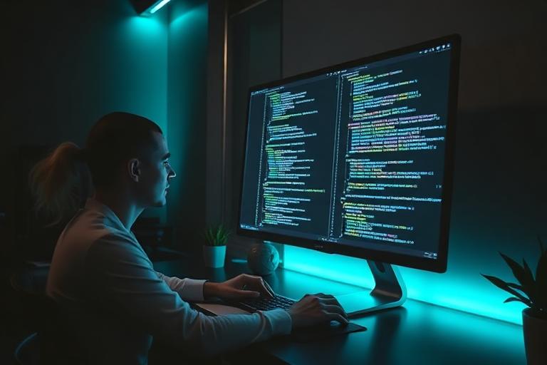 Blockchain developer writing smart contract code on a multi-monitor setup