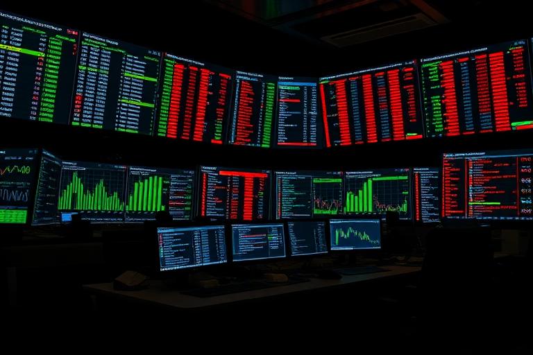Crypto market making desk with order book depth charts on large screens