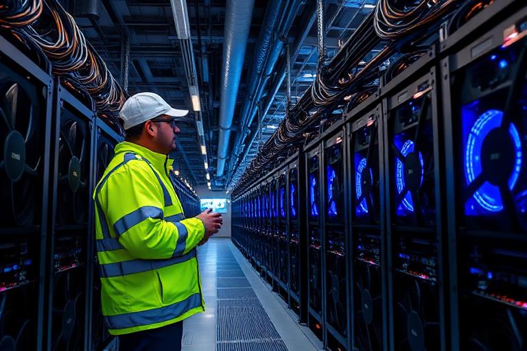 Rows of cryptocurrency mining rigs in an industrial warehouse facility