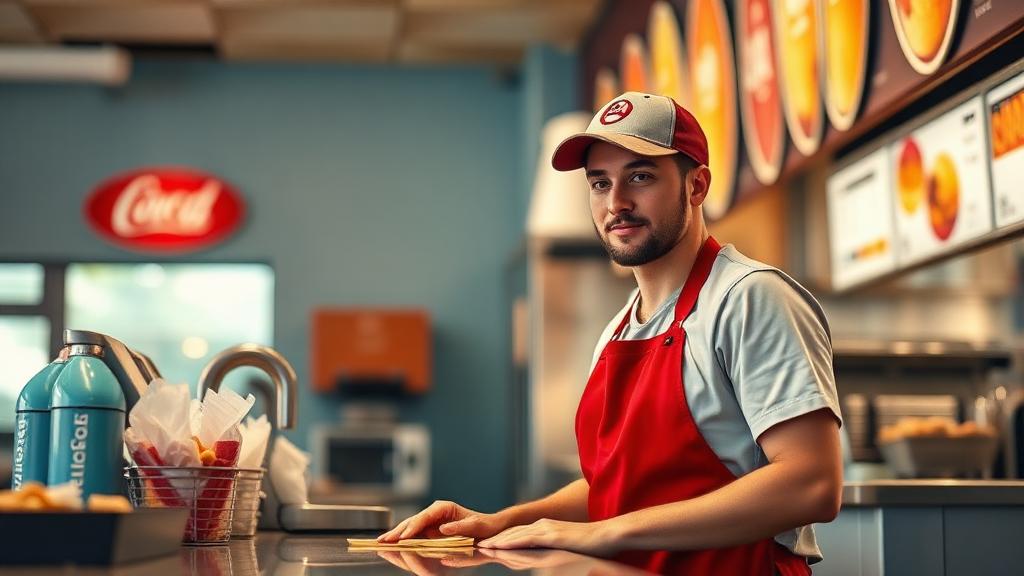 Fast Food Crew Member at work — Images and Photos created by www.High-Salary-Jobs.com — The Website that Shows you real Work Incomes in Relation to Roles and Education