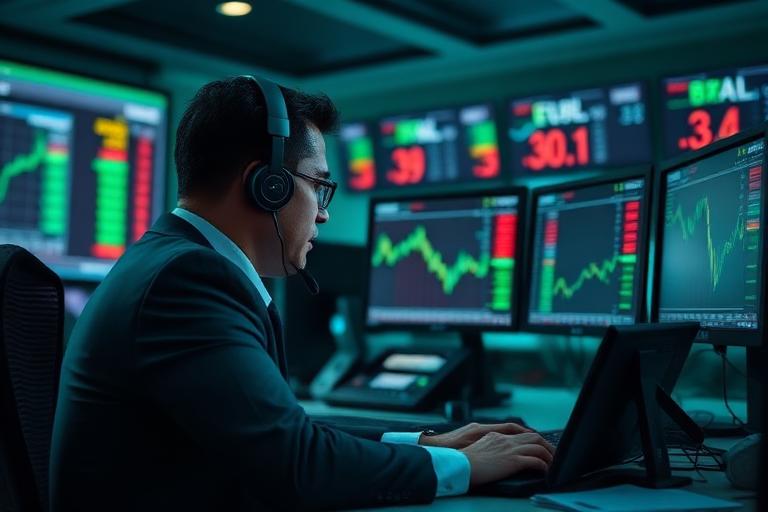 Bank foreign exchange dealer with headset quoting currency prices on a dealing desk