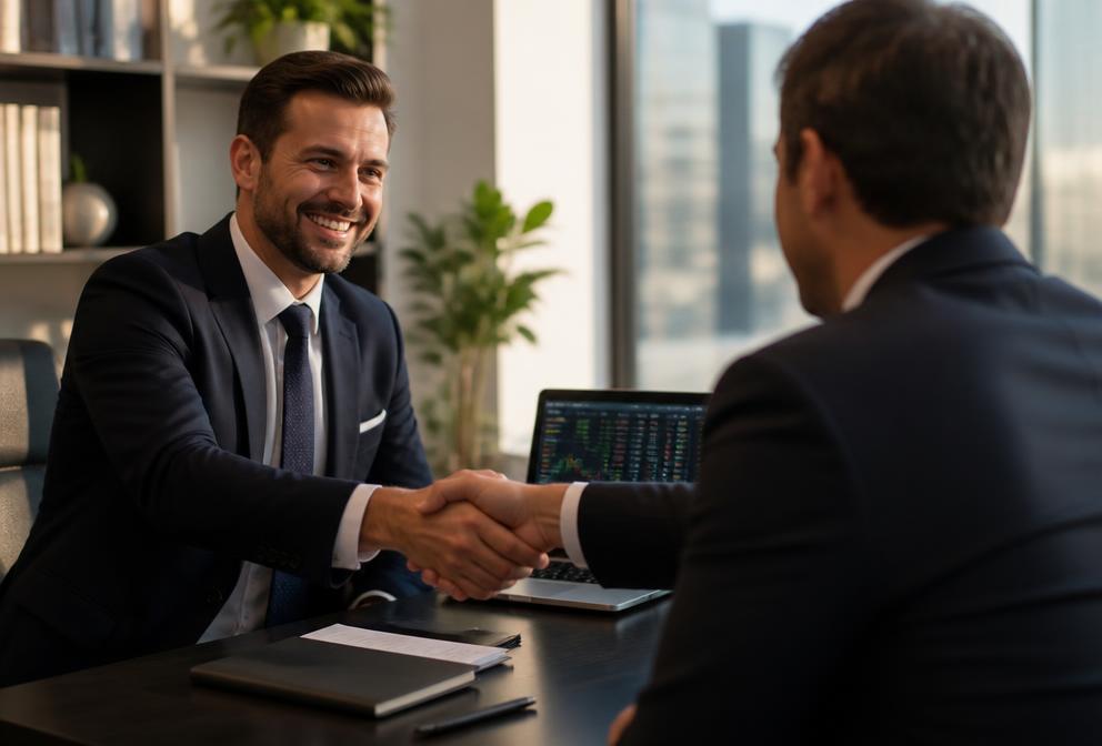 Broker introducing partner shaking hands with a client in a finance office