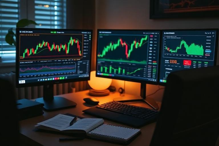 Funded forex trader desk with currency charts and a drawdown dashboard at night