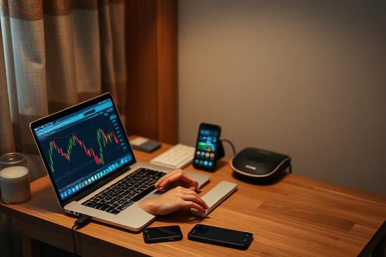 Retail forex trader using a laptop and phone at a small apartment desk