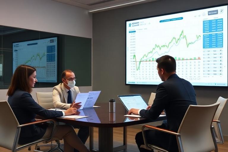 Corporate treasury team reviewing currency hedging charts in a boardroom