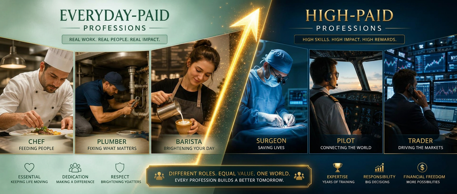 High-paid professions versus everyday-paid professions banner showing surgeon, pilot and trader on one side and chef, plumber and barista on the other, with a rising arrow dividing the two groups. Images and Photos created by www.High-Salary-Jobs.com — The Website that Shows you real Work Incomes in Relation to Roles and Education
