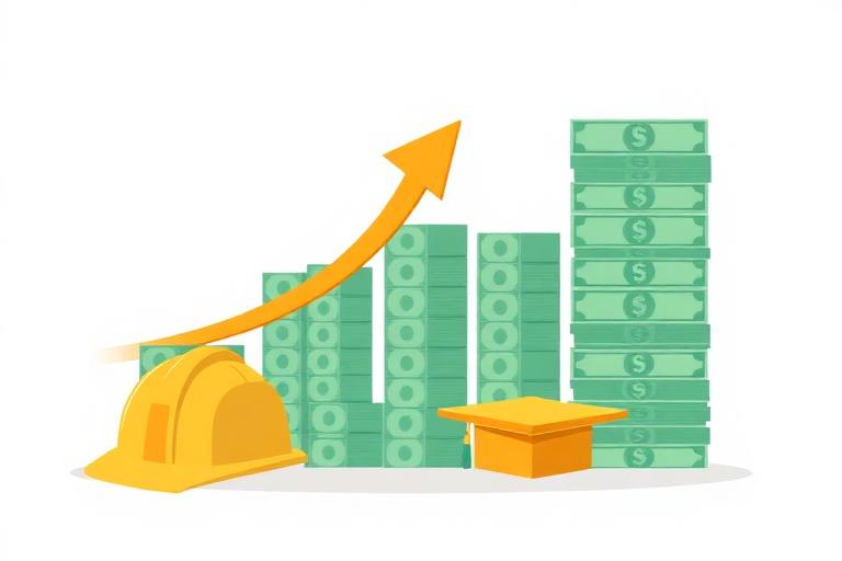 Illustration of a hard hat and wrench beside tall stacks of dollar notes with a rising arrow, representing high pay with little study. Images and Photos created by www.High-Salary-Jobs.com — The Website that Shows you real Work Incomes in Relation to Roles and Education
