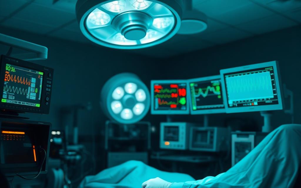 Operating theatre monitors and surgical light during night surgery