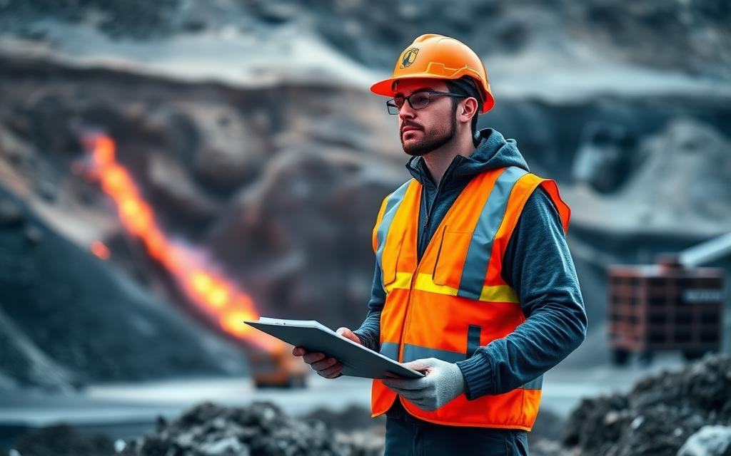 Blasting engineer at an open pit mine holding a clipboard