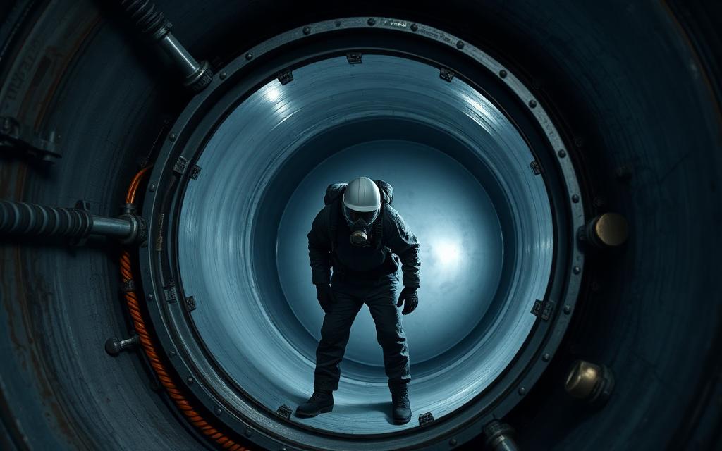 Worker in breathing apparatus inside a large industrial steel tank