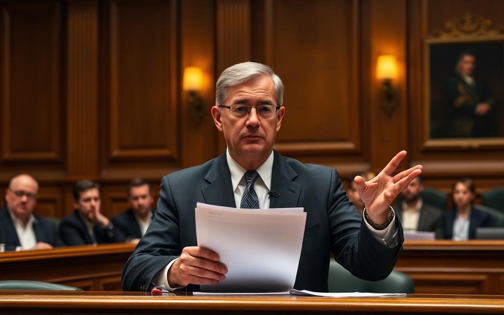 Expert witness giving testimony in a courtroom witness box