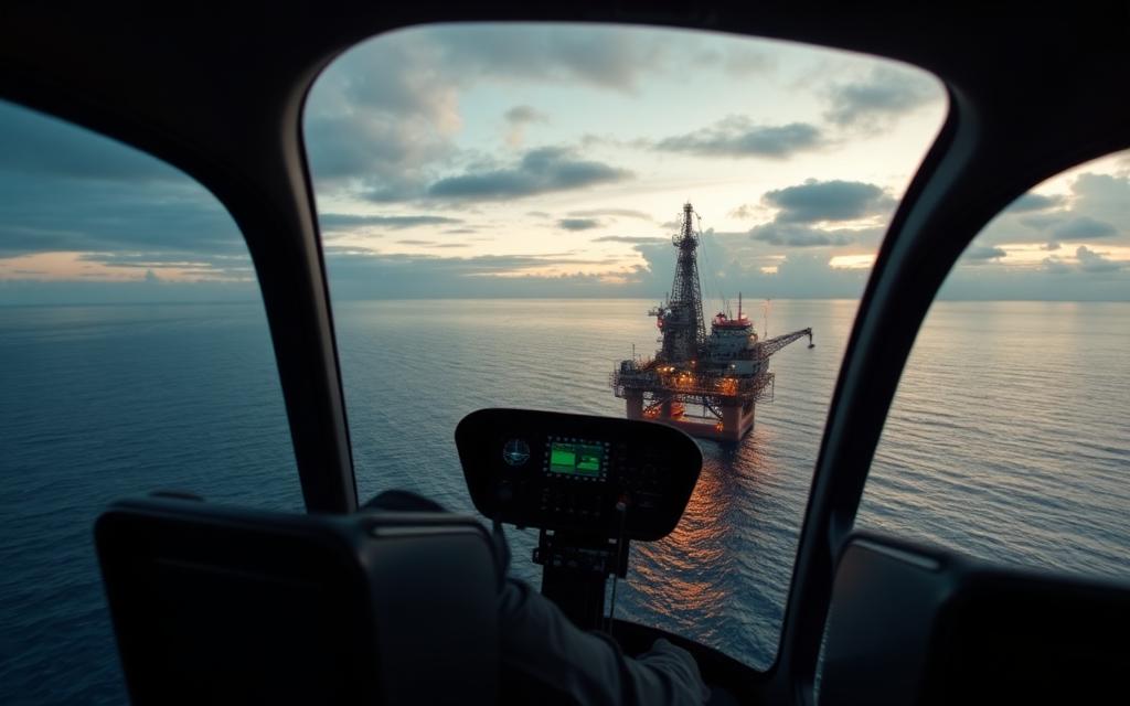 Helicopter cockpit view approaching an offshore oil platform