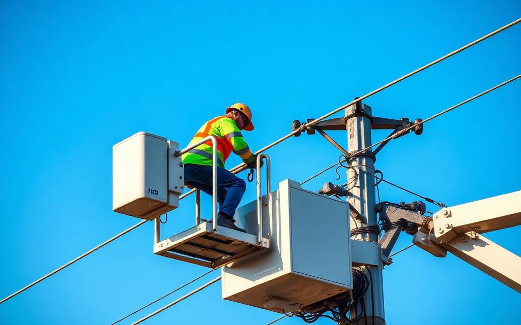 Live line worker on a bucket truck servicing high voltage power lines