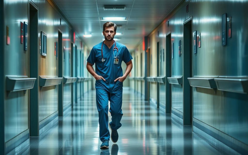 Locum doctor in scrubs walking a hospital corridor at night