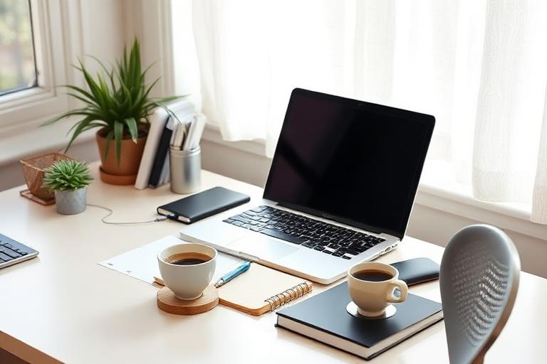 Freelance content writer working at a desk with laptop and coffee