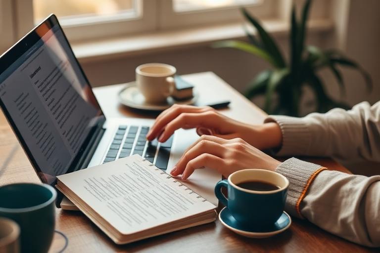 Freelance copywriter typing at a laptop with script notes