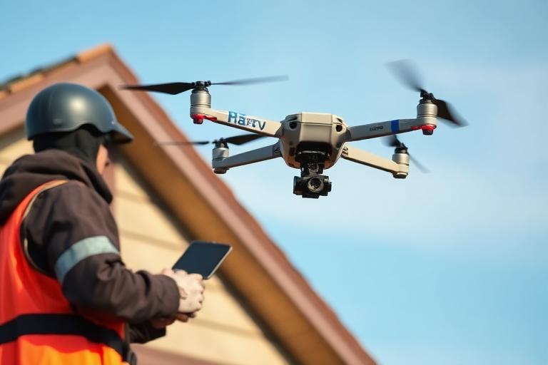 Drone operator inspecting a house roof