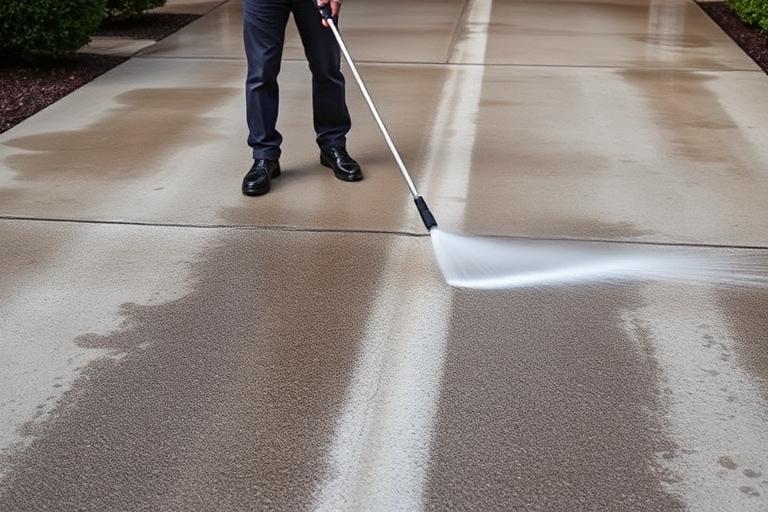 Worker pressure washing a concrete driveway clean