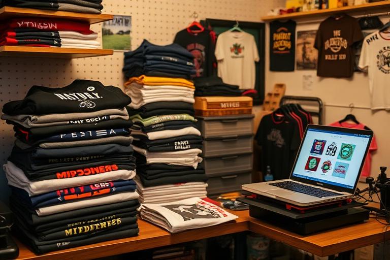 Printed t-shirts stacked beside a laptop showing designs