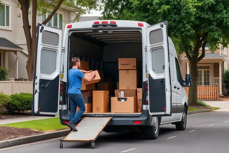 Removalist loading boxes into a white van