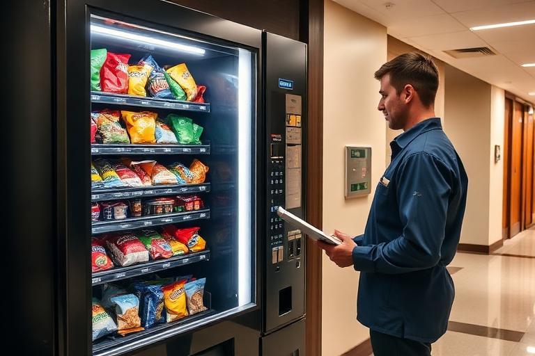 Technician restocking a snack vending machine