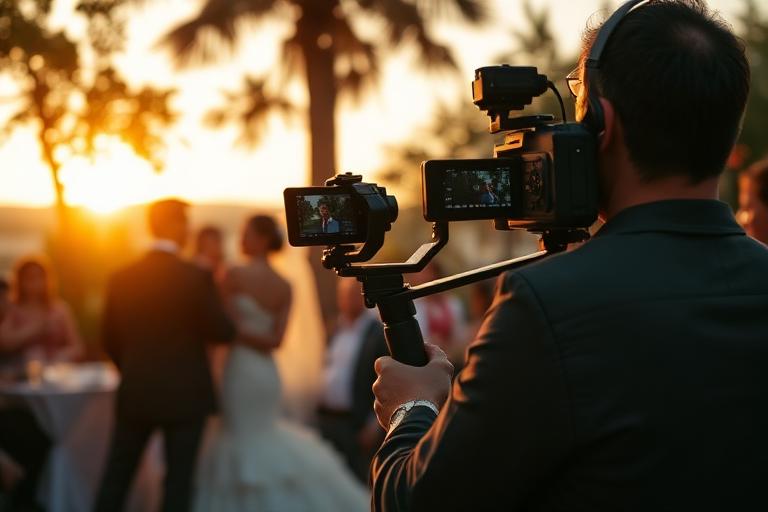 Videographer filming a wedding couple at golden hour