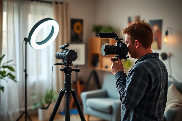 Content creator filming a video in a home studio with ring light and camera