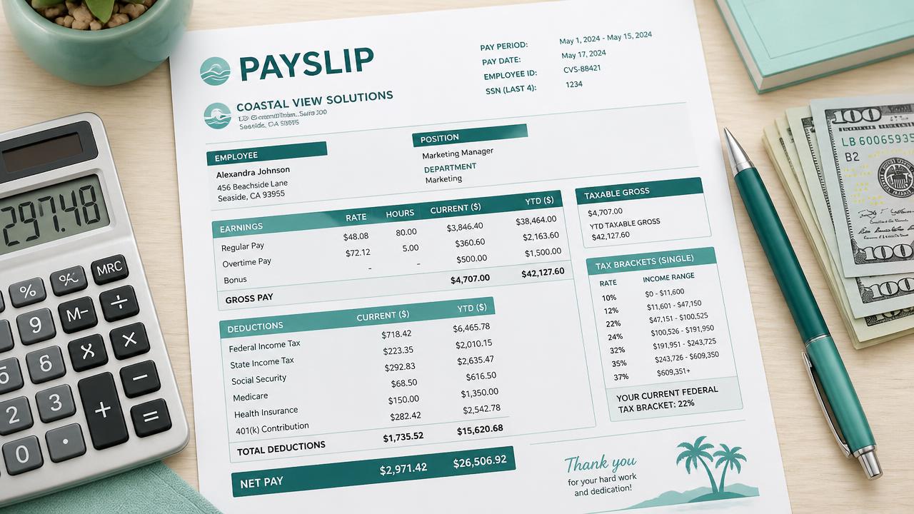 Featured image for the article "Understanding Your Payslip: Gross, Net, Tax And What Disappears". Why a headline salary and a bank deposit are two very different numbers. Images and Photos created by www.High-Salary-Jobs.com — The Website that Shows you real Work Incomes in Relation to Roles and Education