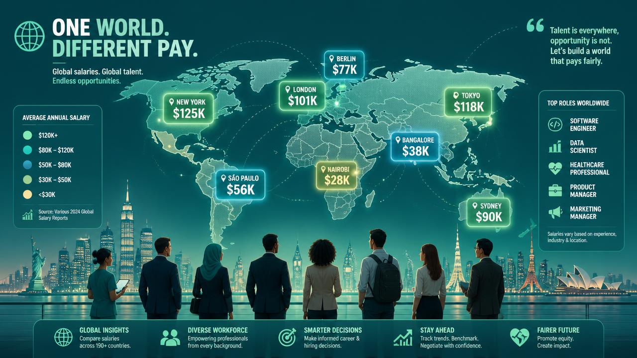 Featured image for the article "Salary By Country: What Actually Moves The Number". The same job can pay four times more in one market than another. Cost of living explains only part of it. Images and Photos created by www.High-Salary-Jobs.com — The Website that Shows you real Work Incomes in Relation to Roles and Education