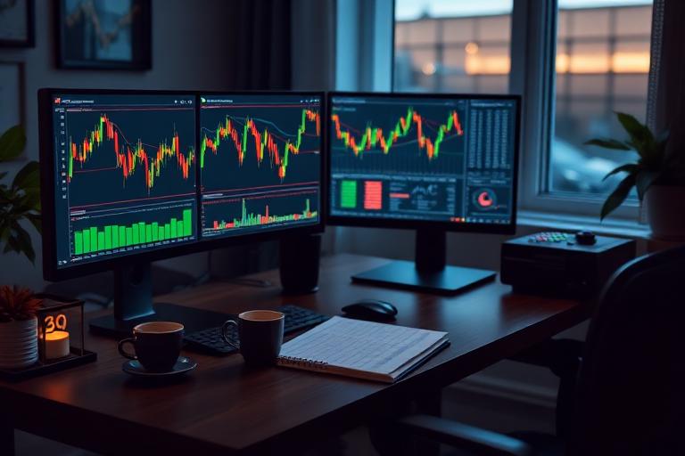 Funded prop firm trader at a home desk with candlestick charts on dual monitors