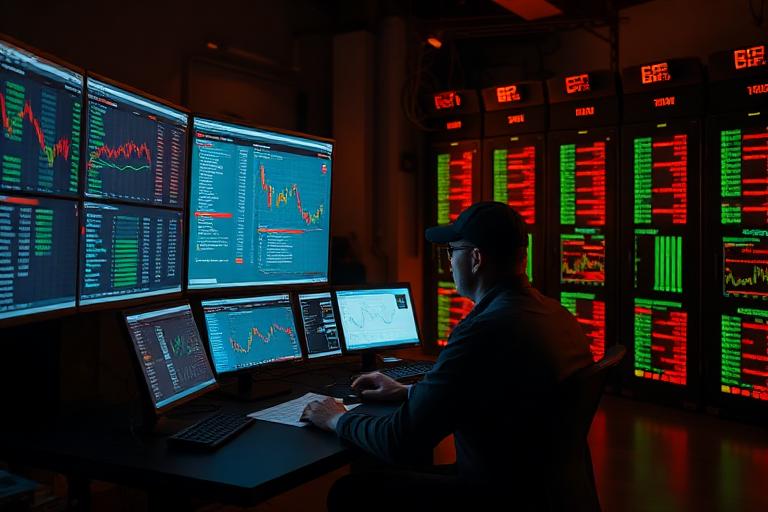 Quantitative trader at a workstation with code and live order book data