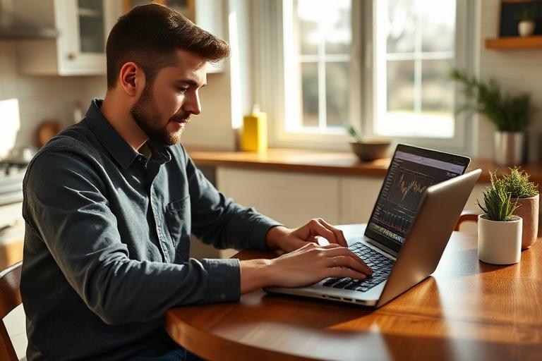 Retail swing trader reviewing stock charts on a laptop at a kitchen table