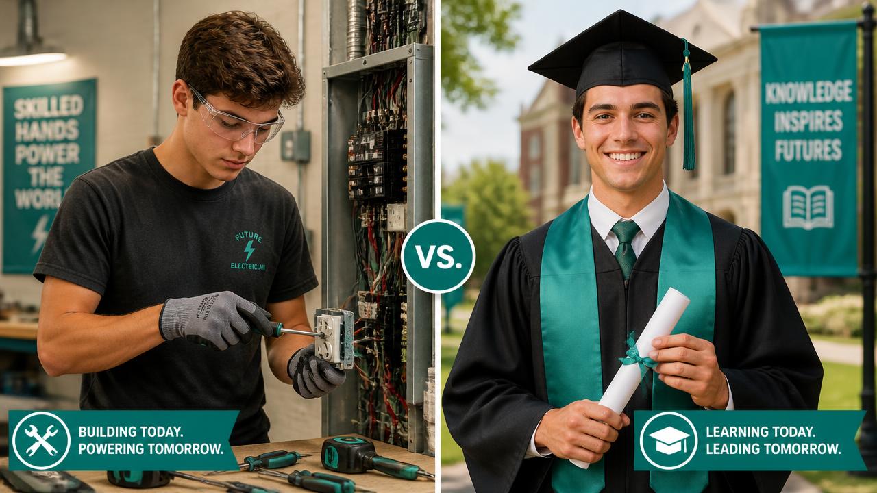 Featured image for the article "Trades vs University: The Real Lifetime Numbers". An apprentice earns from day one. A graduate starts higher but four years later. Here is where the lines cross. Images and Photos created by www.High-Salary-Jobs.com — The Website that Shows you real Work Incomes in Relation to Roles and Education